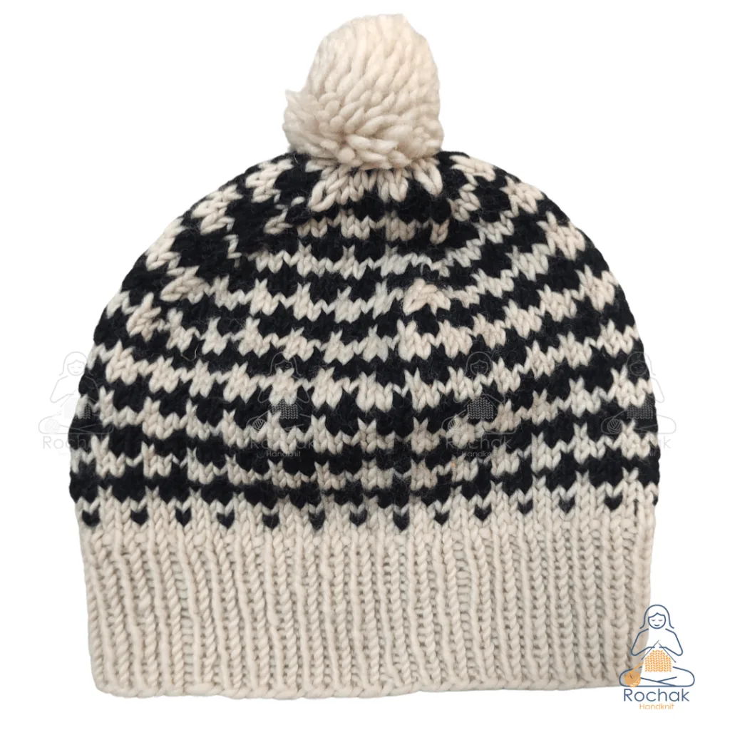 Houndstooth pattern Merino Beanie with POm - Handknitted by knitters at Rochak Handknit